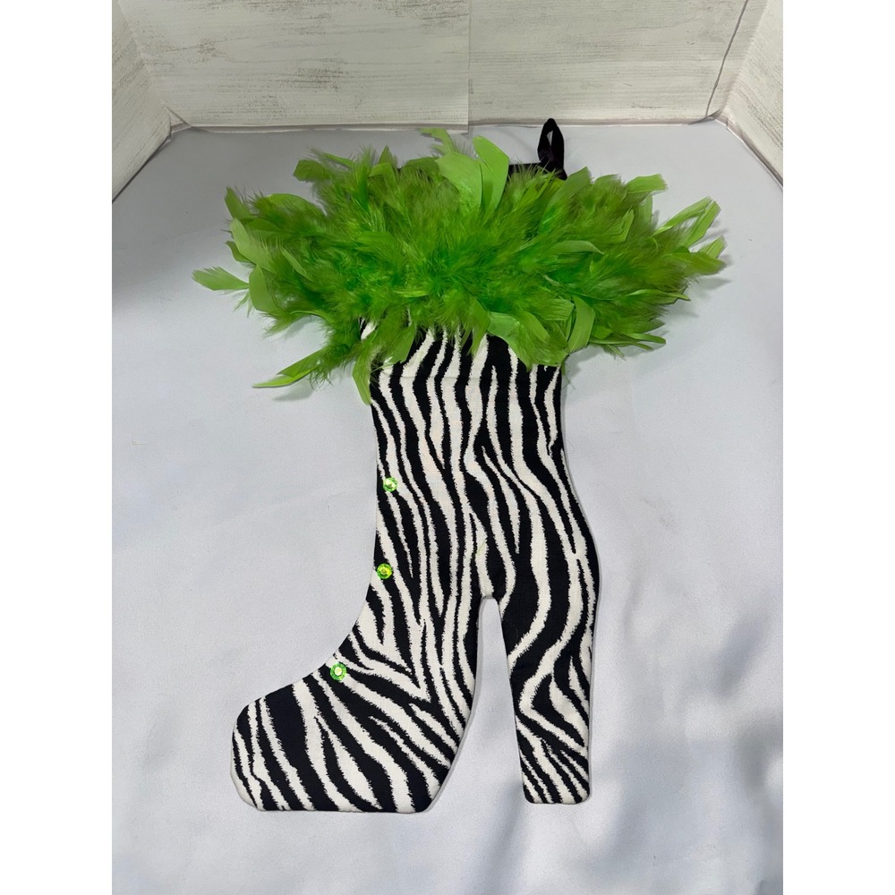 Lynn Allen Santa Baby Christmas Stocking Zebra Print High Heel Boot Feather